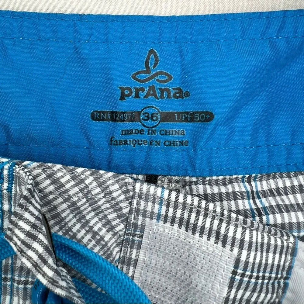 Prana El Porto Blue Gray White Plaid Swim Shorts Trunks Mens Sz 36 x 9